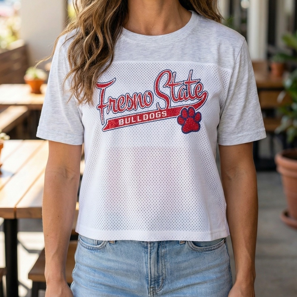 Rivalry Threads 91 Fresno State Bulldogs Grey‎ White Mesh Cropped Tee Shirt